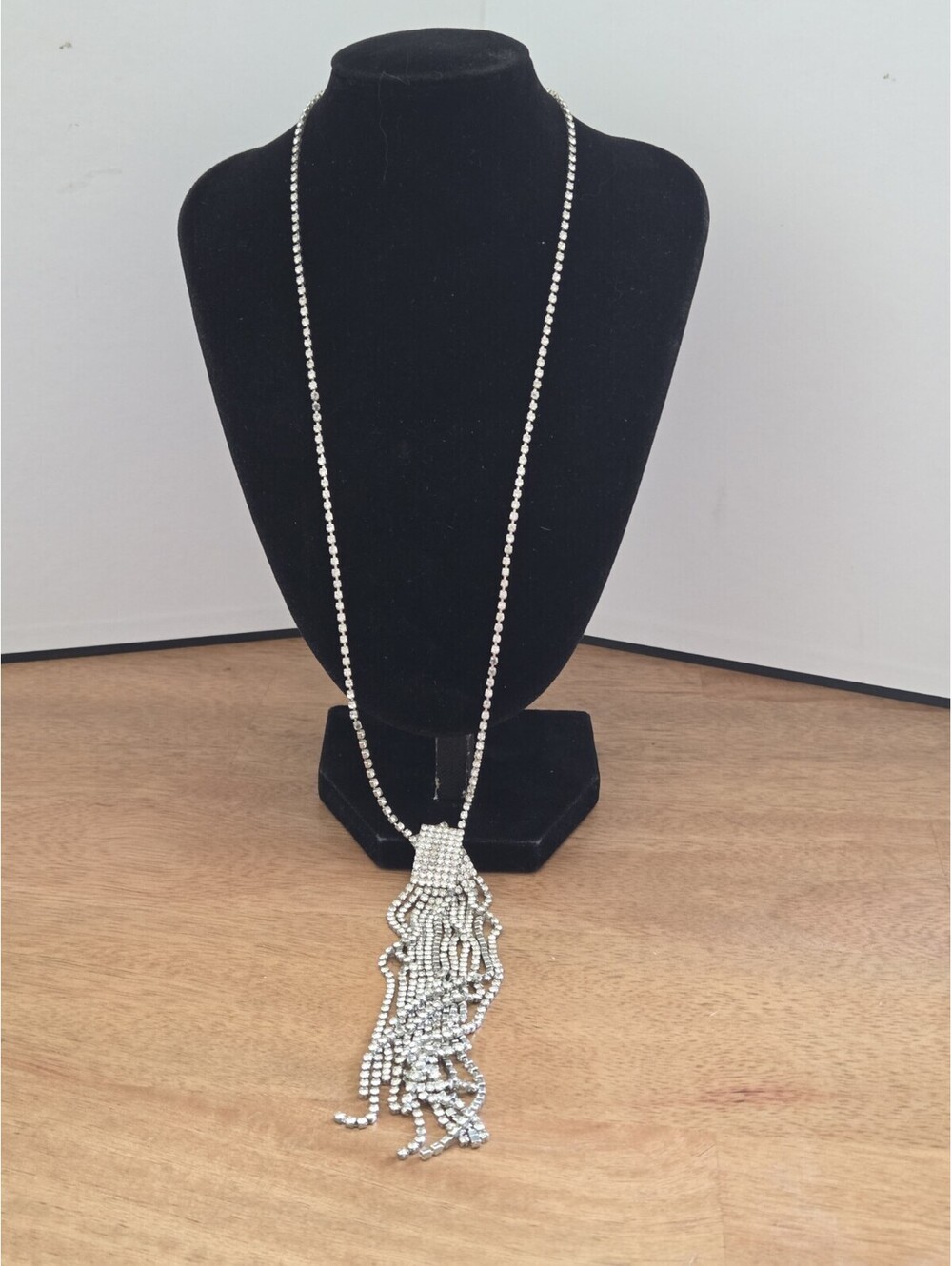 Rhinestone Lariat Y Necklace Silver Tone Long Tassel Fringe Statement Jewelry